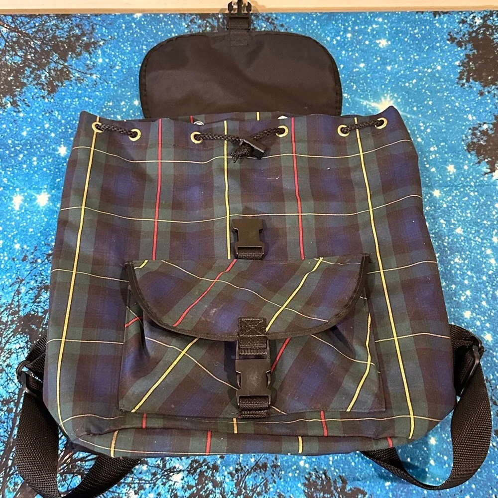 Vintage Plaid Backpack Navy Green Tartan School Bag Buckle Closure Large